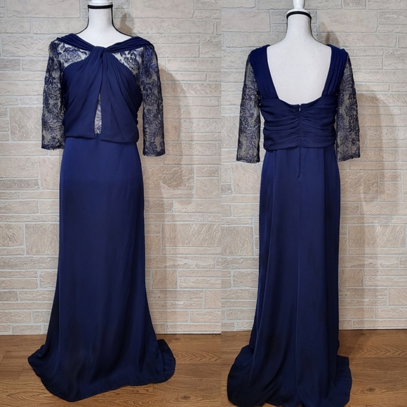 TADASHI SHOJI TWIST TOP EMBROIDERED MESH CREPE LONG DRESS DARK BLUE - Picture 3 of 8